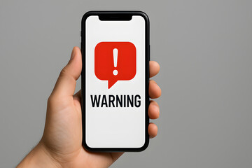 Hand holding smartphone showing red warning alert icon on screen, emergency notification symbol on mobile phone, security breach risk message, digital danger concept, isolated grey background close up
