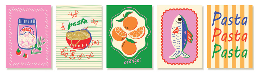Summer Mediterranean food poster set with orange, seafood, pasta and cocktails. Trendy vector collection with fresh dishes, hand lettering and coastal vibes. For ads, branding, menu, packaging 
