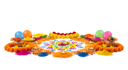 Colorful Rangoli with Flowers and Powder isolated on transparent background