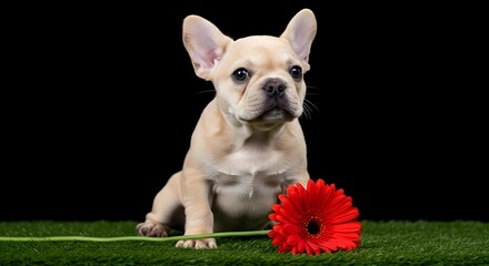 Fototapeta premium French bulldog, Puppy, Dog, Adorable French Bulldog Puppy with Red Gerbera Daisy