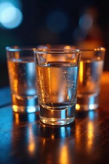 Several filled shot glasses of vodka, ready to serve , chilled, club