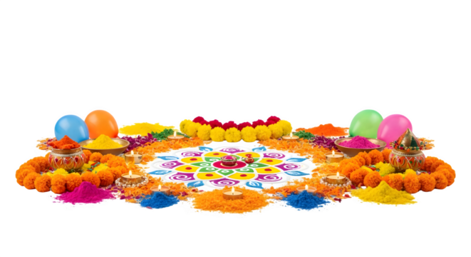 Colorful Rangoli with Flowers and Powder isolated on transparent background