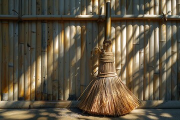Bamboo wall and broom in natural sunlight high resolution picture