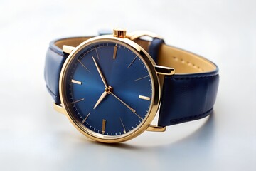 Elegant gold and navy blue wristwatch on white background, classic timepiece