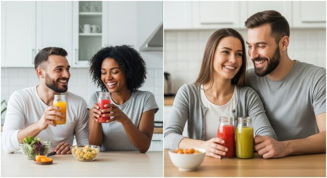 Happy couple enjoying healthy drinks in a bright kitchen.