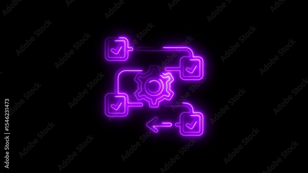 Poster glowing neon animated process workflow with a gear and check marks on black background.