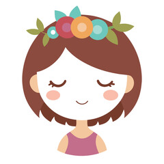Fototapeta premium Cartoon Girl with Flower Crown, Brown Hair, Closed Eyes, and Smiling Face