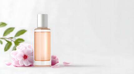 An anime style beauty product bottle sits among soft pink flowers with generous copy space for adding text, creating a visually appealing isolated design.