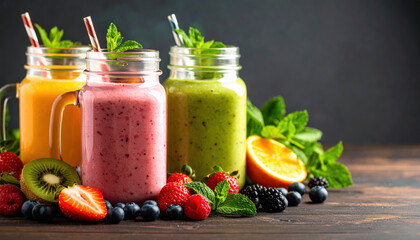 Colorful fruit smoothies in mason jars with fresh fruits and mint leaves on wooden table