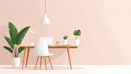 Minimalistic desk setup with plants, clean background, and aesthetic decor