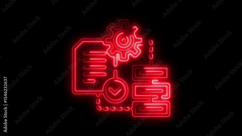 Poster animated neon technology icons illustrating data processing and confirmation on black background
