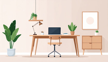 Minimalistic desk setup with plants, clean background, and aesthetic decor for cozy workspace