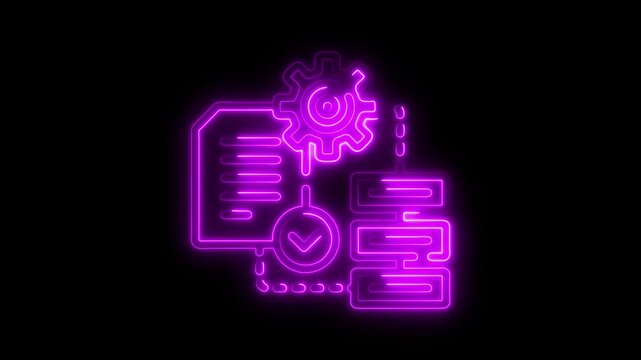 Neon processing of data and information with gear icon and document imagery