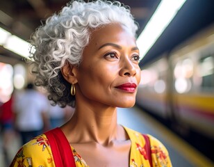 confident senior woman with curly gray hair waiting at train station in bright floral outfit

