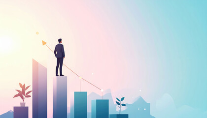 Businessman standing on bar graph with upward arrow, symbolizing growth and success