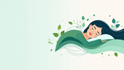 Woman peacefully sleeping surrounded by nature inspired elements, evoking calm and relaxation