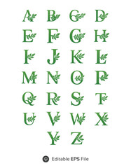 Green Leaf Decorated Alphabet Letter Set Serif Font Typography Design letters