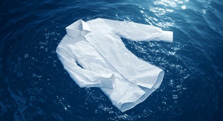 A floating white shirt immersed in deep blue liquid, illuminated by sunlight from above, with dynamic bubbles and ripples, representing active cleaning.