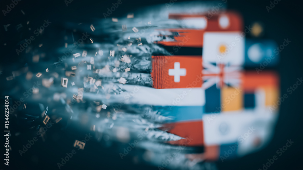 Poster flags data stream: vibrant flags blur into a digital stream, symbolizing global connectivity and dat