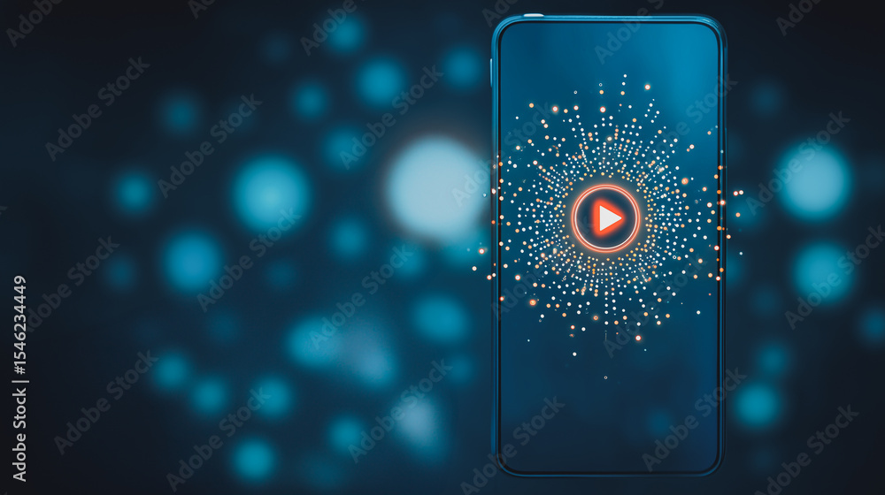 Poster digital streaming hub: a futuristic smartphone interface showcases a dynamic streaming experience, c