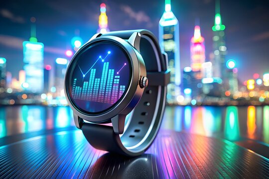 Smartwatch displaying financial data graph against vibrant city skyline at night