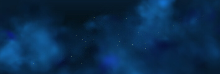 Luxury navy blue night sky background with golden stars, magical glitter, and bokeh sparkle. Abstract dark frame for holiday or wedding cards. 