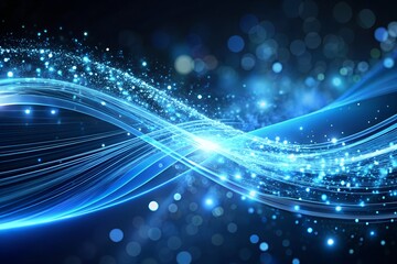 Obraz premium Abstract blue glowing wave with sparkling particles, dark background, digital art, technology concept, energy flow, futuristic design, elegant style, modern