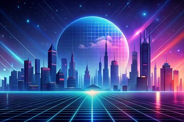 Retro futuristic cityscape at night with neon grid and shooting stars
