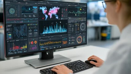 innovative display technology showing complex medical data analysis with doctor examining medical information on screen in modern lab - Powered by Adobe