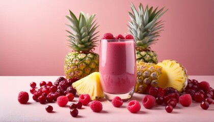 tabletop with glass of berry smoothie as main focus surrounded by fresh raspberries cranberries and sliced pineapple on a light pink background styled in detailed and visually appealing composition