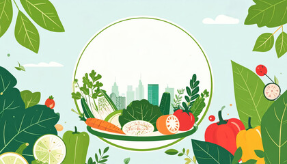 Fresh vegetables in bowl with cityscape background, promoting healthy lifestyle