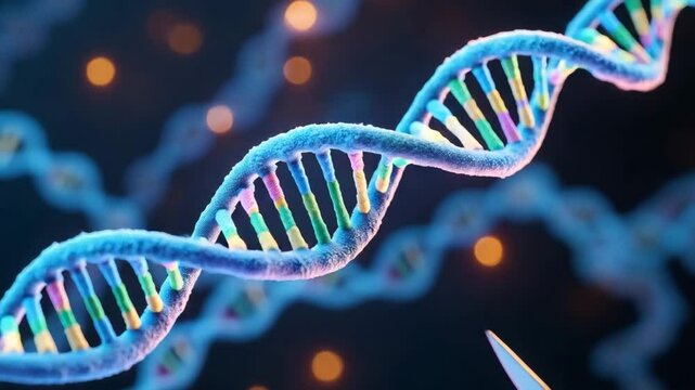 Synthetic Biology concept ,DNA strand colorful base pairs cut by precise tool double helix gene editing molecular biology base