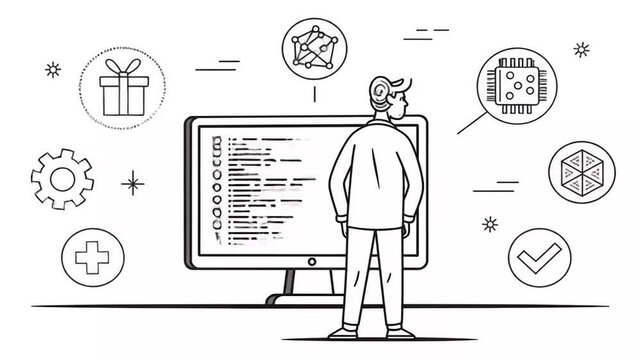 Stickman Analyzing Code on Computer Screen with Software Component Icons on White Background Symbolizing Digital System
