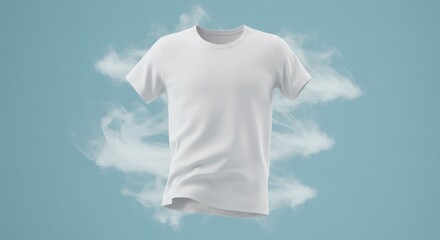 Crisp white T-shirt isolated in a floating pose, gentle swirls of mist highlighting its soft texture, clean pastel blue backdrop suggesting detergent freshness or air.
