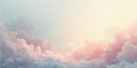 Beautiful bright sun rays pierce through fluffy white clouds in a blue summer sky