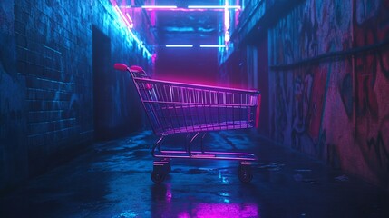 A neon-lit shopping cart in a dark alleyway creating a futuristic vibe