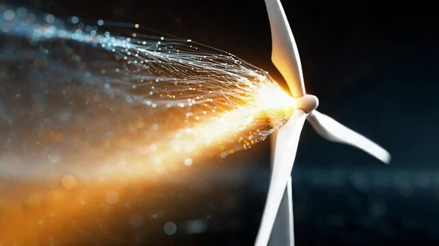 A wind turbine blade with digital light trails visualizing the flow of energy and data in a dark, futuristic setting. Climate innovation lab. 