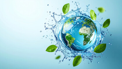 Earth surrounded by water splash and green leaves, symbolizing sustainability and nature