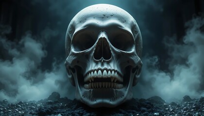 Eerie Skull in Mystical Fog: A Dark and Spooky Halloween Image