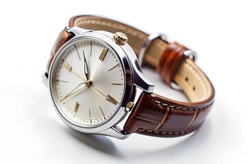 Elegant Men's Wristwatch with Brown Leather Strap, Silver Case, White Face