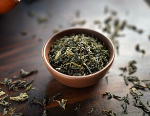 a captivating image of loose tea leaves in a tiny bowl perfect for herbal tea enthusiasts and culinary blogs adding elegance to your beverage photography