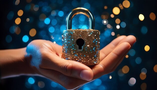 a close up of a hand holding a lock encrusted with digital glitters symbolizing security in the digital age with an emphasis on cyber protection and technology