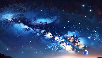 Naklejka premium panorama dark blue night sky milky way and stars on dark background universe filled with stars nebula and galaxy