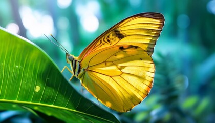 vibrant yellow butterfly resting on a leaf in a lush garden during the daytime