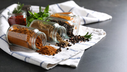 Spilled spice jars with herbs on striped cloth, creating rustic culinary vibe