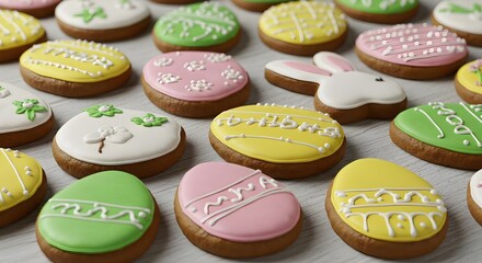 Fototapeta premium Easter, Eggs, Cookies, Easter Egg Cookies on White Wooden Background