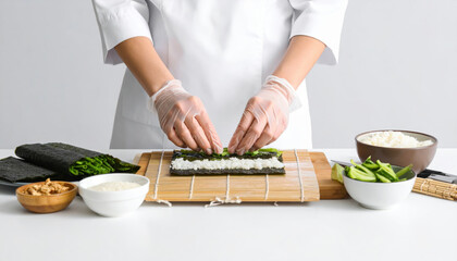 Chef preparing sushi rolls with seaweed, rice, and fresh vegetables on clean background