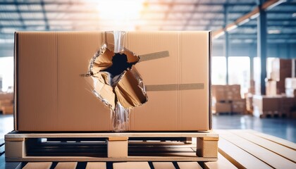 damaged cardboard box on pallet warehouse torn box with a visible hole shows product damage broken goods logistic delivery issues packaging failure insurance claim concept