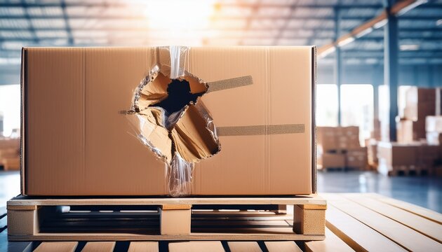 damaged cardboard box on pallet warehouse torn box with a visible hole shows product damage broken goods logistic delivery issues packaging failure insurance claim concept