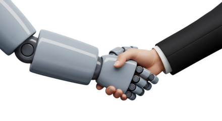 Robot and human handshake 3d rendered isolated on transparent background
